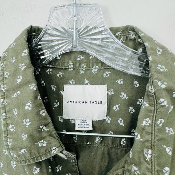 American Eagle Green Floral Print Short Sleeve Button Up Shirt Men’s Size L - Picture 2 of 7